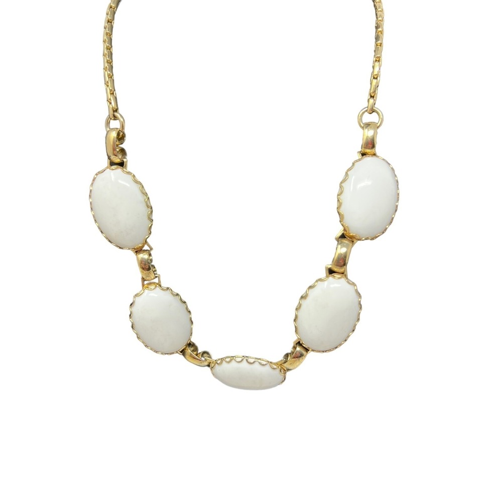 Vintage Necklace Gold Tone White Cabochon Acrylic Stones 15 inches